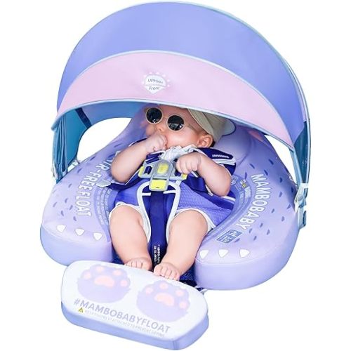 Mambobaby Float with Canopy UPF 50+ Sun Protection Add Tail Non-Inflatable Solid Baby Pool Swim Float Mambo Smart Swim Trainer Infant Float Swim Ring for Baby Aged 3-24 Months