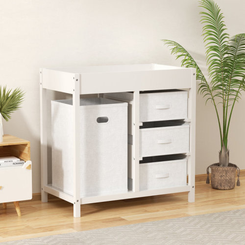 Ebern Designs Baby Changing Table With Laundry Hamper And 3 Storage Drawers | Wayfair