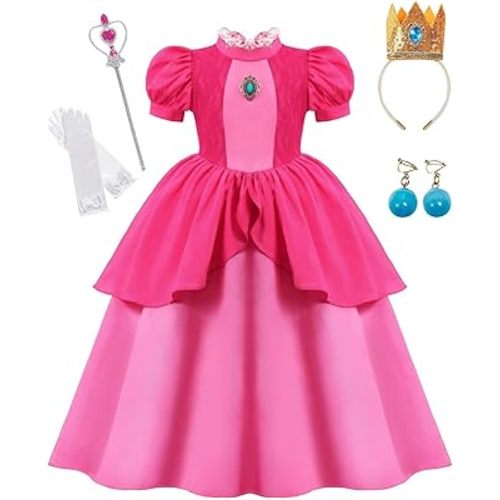 Mcgeeney Princess Peach Costume for Girls 3-12 - Princess Peach Dress with Accessories - Fancy Princess Dress Up Set