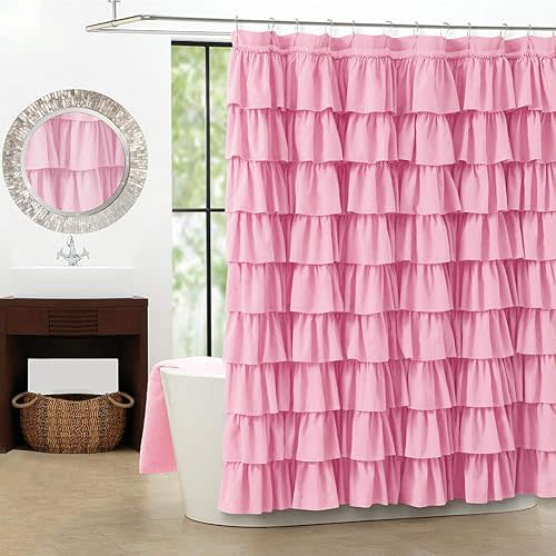 Pink Ruffle Shower Curtain - Farmhouse Fabric Bathroom 72 inches x 72 inches
