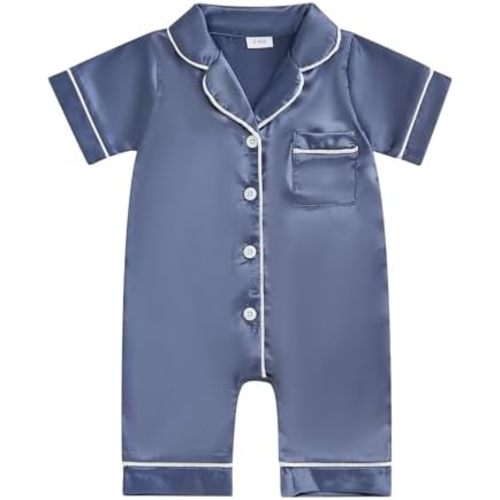 Kuriozud Baby Girl Boy Birthday Button Down Silk Satin Pajamas Romper One-Piece Jumpsuit Short Sleeve Nightgown Pjs Sleepwear