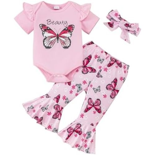SUNNY PIGGY Baby Girl Clothes Newborn Infant Ruffle Romper Butterfly Floral Cotton Pants Set Girls Clothing Outfit