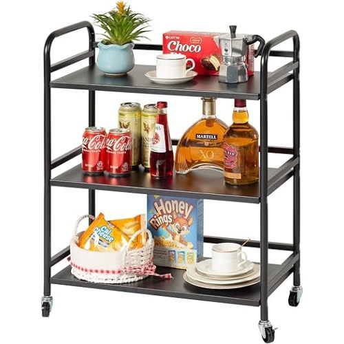 HDANI 3 Tier Metal Utility Multipurpose Rolling Cart,Large Capacity Heavy Duty Cart with Lockable Wheels Rolling Cart with 2 Lockable Wheels for Home,Office,Kitchen,Bathroom,Bedroom(Black)