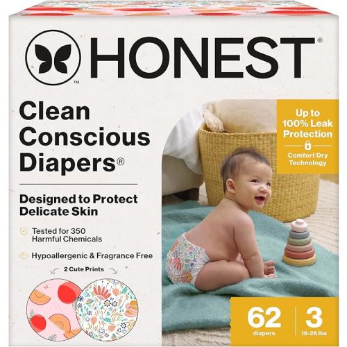 The Honest Company Clean Conscious Diapers for Sensitive Skin | Up to 100% Leakproof | Hypoallergenic, Fragrance Free | Girl Prints | Club Box, Size 3 (16-28 lbs), 62 Count (Prints May Vary)