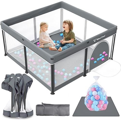 Taleco Gear Foldable Baby Playpen with Mat, 50''x50'' Playpen for Babies and Toddlers, Playpen for Baby with Gate, Breathable,Foldable Travel Play Pen with 50 Ocean Balls