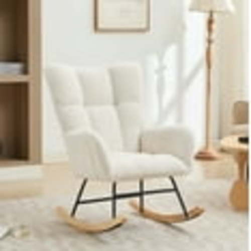 Modern Nursery Rocking Chair Upholstered Glider Chair with High Backrest Rocker Accent Armchair with Solid Wood Legs for Nursery Bedroom Living Room Teddy (white)