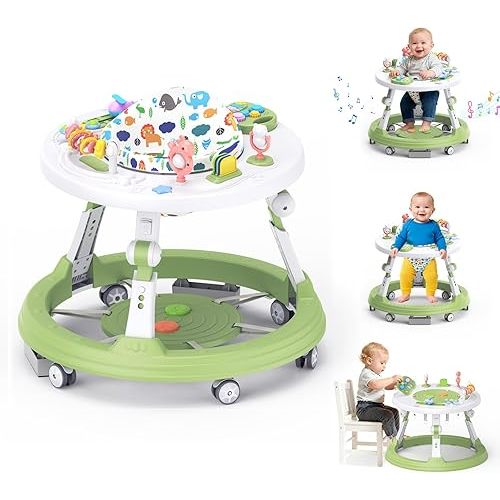 Baby Walker Foldable, 4-in-1 Toddler Infant Walkers with Wheels, 360-degree Rotatable Play Tray, for Boys and Girls 6-18 Months- Activity Center, 3-Gear Height Adjustable, Music and Lights(Green)