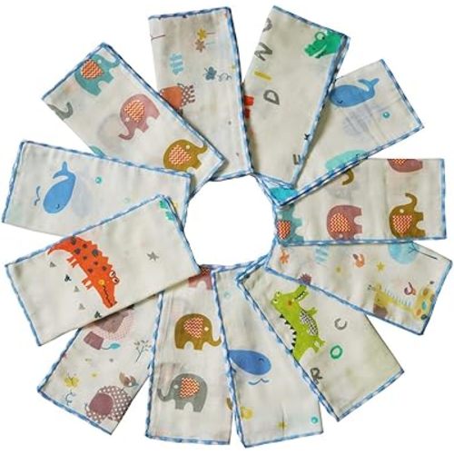 Omilion Muslin Baby Washcloths Set(12-Pack), Natural Cotton Infant Bath Towel, Soft Toddler Face Towel Gift Registry Newborn Baby Shower,9x9 Inches, Animal World (Square)