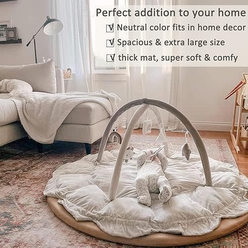 5-in-1 Thick & Plush Baby Play Gym, Baby Play Mats for Floor, Tummy Time Mat with 6 Toys, Cat Bed, Dog Bed, Convertible Stage-Based Developmental from Baby to Toddler, Ball Pit, Pet Cushion