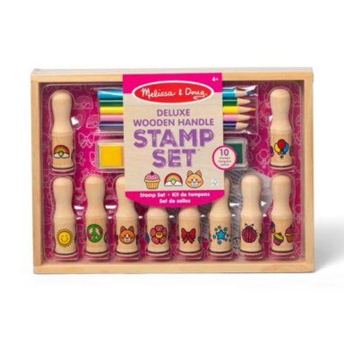 Melissa & Doug Deluxe Happy Handle Stamp Set With 10 Stamps, 5 Colored Pencils, and 6-Color Washable Ink Pad