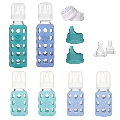 Lifefactory 6 Bottle Starter Set (4) 4-Ounce Baby Bottle in Mint/Blanket (2) 9-Ounce Baby Bottle in Kale/Blueberry (2) Flat Caps (2) Sippy Caps (2) Stage 2 Nipples, Mint/Blanket/Kale/Blueberry/White - 12 Piece Set