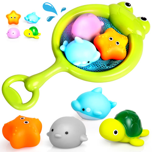 Beefunni Bath Toys for Toddlers,4 Pcs Light Up Floating Rubber Animal Toys Set with Fishing Net, Bathtub Tub Toy for Toddlers Baby Kids Infant Girls Boys