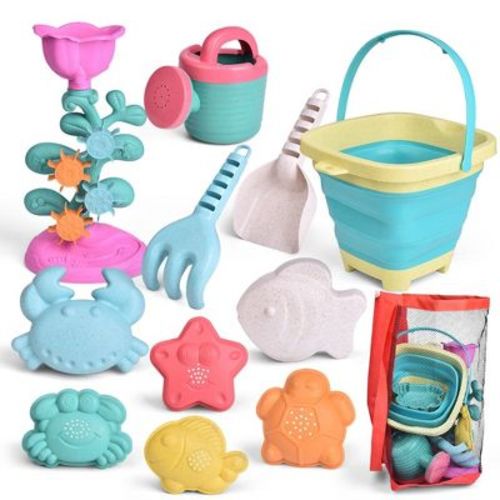 Fun Little Toys 12Pcs Beach Sand Toys Set, Outdoor Playset with Bucket & Molds, Summer Toys, Birthday Gift for Kids