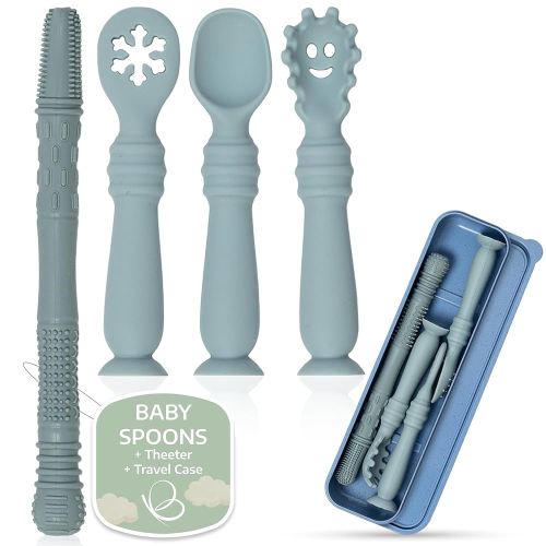 Baby Silicone Spoon Set with Teether and Case – Infant Spoons First Stage with Suction Base – Self feeding spoons for Babies 6-12 Months – Infant Feeding Essentials (Blue)
