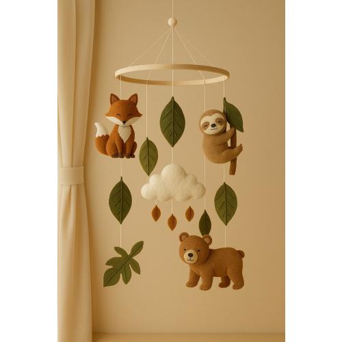 Woodland Animal Baby Mobile - Felt Nursery Crib Mobile with Fox, Bear, Sloth, Leaves & Cloud - Handmade Baby Shower Gift - Forest Theme Mobi