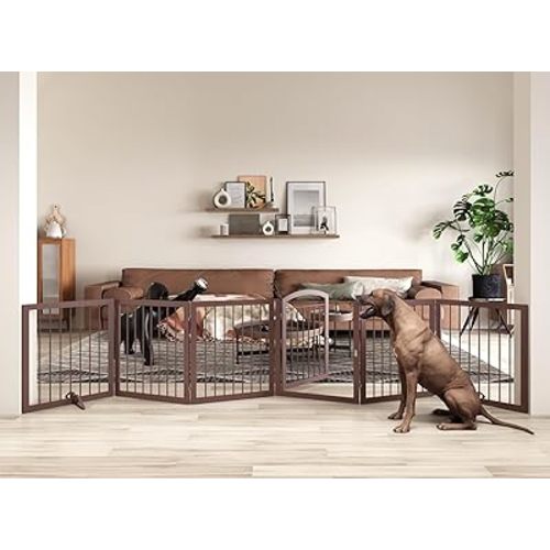 JSB 144-inch Extra Wide 30-inch Tall Dog gate with Door Walk Through, Freestanding Round Tube Pet Gate for Halls Stairs, Puppy Safety Dog Fence with 2PCS Support Feet (Espresso)