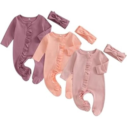 Merqwadd Baby Girl Zipper Pajama Footies 3 Pack Ruffle Sleeper Coming Home Infant Cotton Clothes