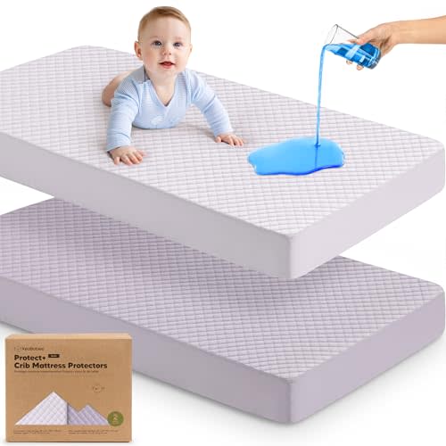 2-Pack Waterproof Crib Mattress Protector Cover Fitted - Quiet Baby Crib Mattress Pad Sheets, 52" x 28" Soft Quilted Cotton Baby Sheet, Machine Washable, Easy Fit, Durable (Thistle/Quin)
