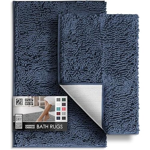 Hearth & Harbor Bathroom Rugs Sets 2 Piece, Chenille Bath Mat Set - Machine Washable Bath Mats for Bathroom Non-Slip Backing Rubber Quick Dry Bathroom Mat - Navy Bath Rug, 17x24-20x32