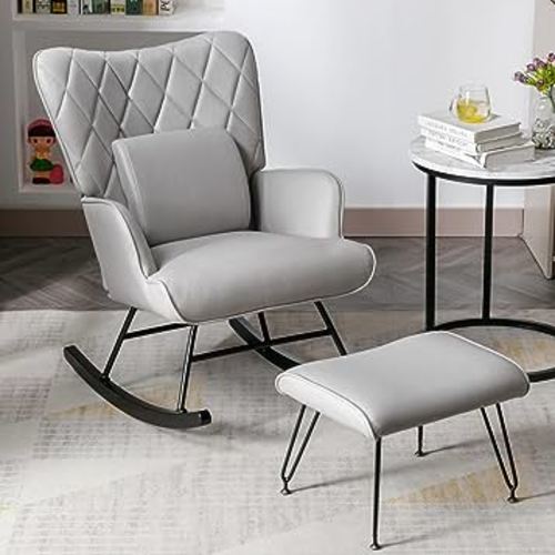 Ailisforest Rocking Chair Nursery, Rocking Chair with Ottoman and Pillow,Upholstered Glider Rocker with High Back, Modern Accent Chairs for Living Room/Bedroom-Light Gray