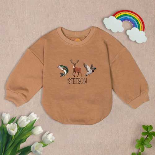 Personalized Hunting Baby Romper Short Sleeves, Fishing Duck Deer Baby Bodysuit, Custom Name Outdoor Romper, Duck Hunting Gift