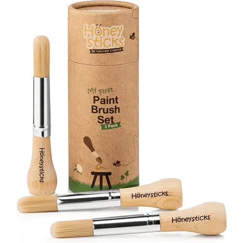 Honeysticks My First Paint Brush Set - 3 Pack: Ideal for Babies and Toddlers. Jumbo Brushes with Chubby Wood Handles for Easy Grip, Vegan. Includes Handy Storage Container