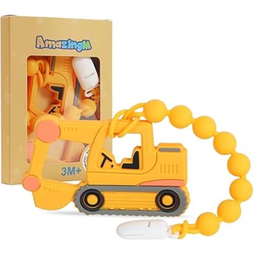 Baby Food Grade Silicone Carrier Vehicle Teether Toy with One Piece Design Pacifier Clip Holder,Teething Pain Relief Toys Gift Set for 3 Months+ Boys and Girls,Freezer Safe,BPA Free. (Excavator)