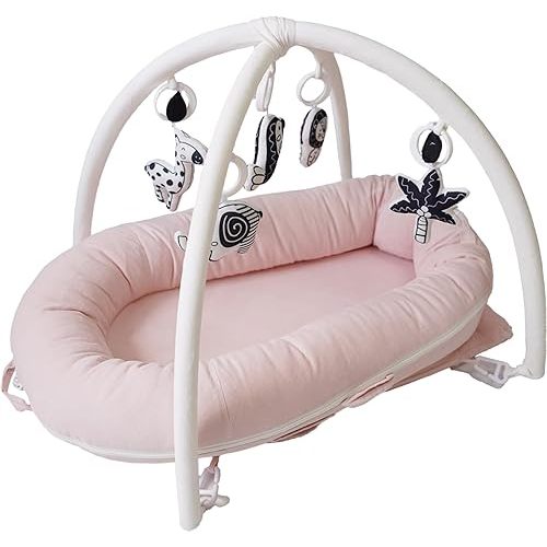 Deluxe Infant Lounger, Baby Nest Cover for Baby Girls & Boys, Newborn Essentials for Baby 0-12 Months, 100% Cotton, Portable Travel Bed (Mistyrose+Play Arch)