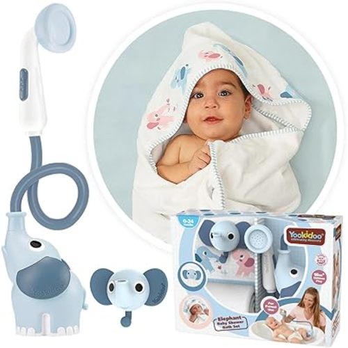 Yookidoo Baby Bath Elephant Shower Head Gift Set - Includes Hooded Towel & Hanger - Control Water from 2 Elephant Trunk Knobs for Max Fun in Tub or Sink Newborns, Toddlers, Boys, Girls (Cloudy Blue)