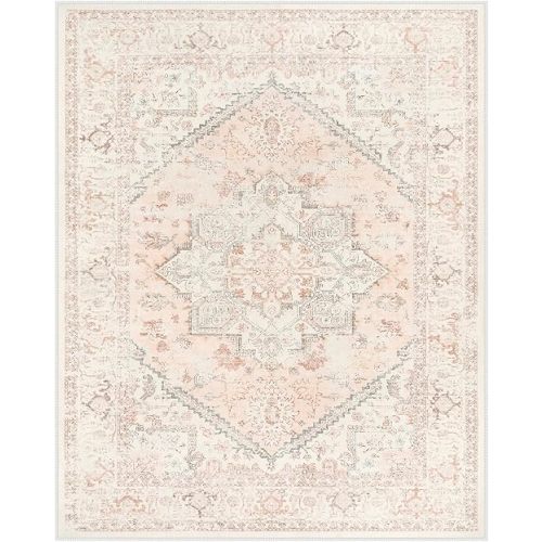 LIVEBOX Pink Area Rug 8x10 - Large Oriental Floral Living Room Rugs Accent Rug for Bedroom, Non-Slip Retro Medallion Carpet Print Distressed Rugs for Dining Room Office (Pink/Peach)