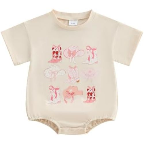 Infant Newborn Baby Girl Summer Outfit Western Bubble Romper Short Sleeve Bodysuit Cowgirl Boots Bow Western Clothes