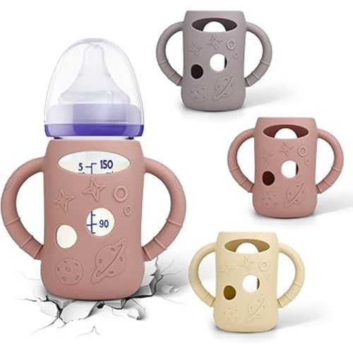 BUSOHA 3 Pack Silicone Sleeves for Lansinoh Glass Baby Bottles - Wide Neck Baby Bottles Sleeves for Lansinoh Bottles Baby Anti-Colic Bottles Holder with Handle Silicone Protector,5 oz