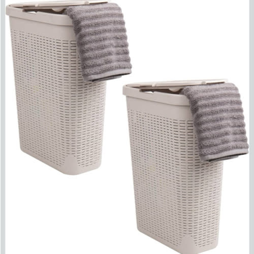 Mind Reader Slim Laundry Hamper with Lid, 40L Clothes Basket, Premium Wicker Design, Plastic, Set of 2, Ivory