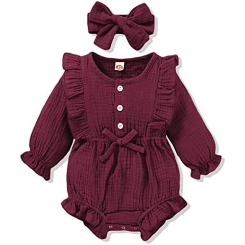 Renotemy Newborn Infant Baby Girl Clothes Cotton Linen Rompers Solid Ruffle Jumpsuits Infant Baby Clothes Girl
