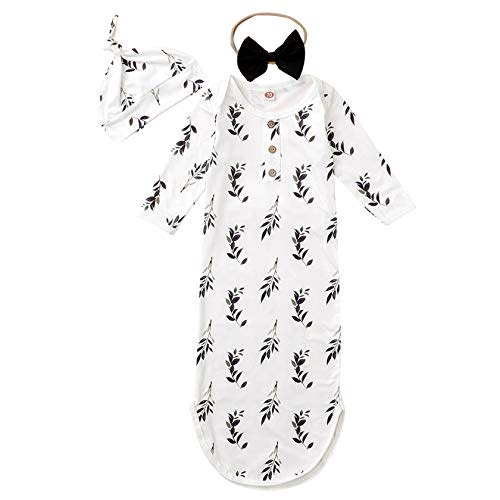 Infant Baby Girl Boy Cotton Sleeper Gown Knotted Pajamas Newborn Sleepwear Sleeping Bag with Headband&Hat (0-6Months, Leaves)