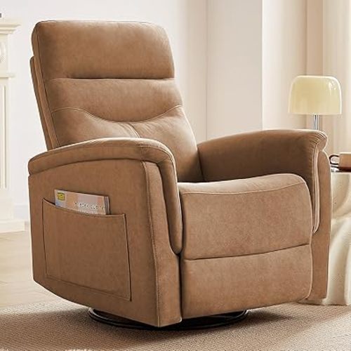 Recliner Chair, 360 Swivel Rocker Recliner Chair for Adults, Glider Rocker Recliners, Nursery Living Room Chairs, Recliner Rocking Chair with High Back, Velvet Deep Seat for Bedroom, Camel