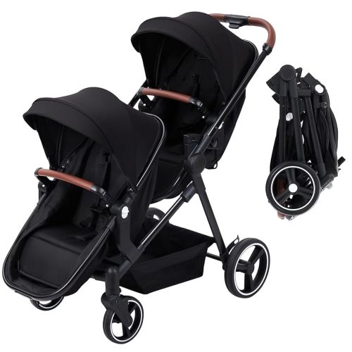 Double Stroller for Infants and Toddlers, Foldable Tandem Stroller, Reversible Pushchair Bassinet Pram with Large Storage Basket, Adjustable Backrest & Canopy, Black