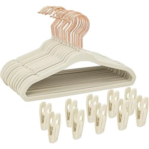 Kids Velvet Hangers 30 Pack, 14 Inch Non-Slip Felt Kid Hanger for Toddler/Youth/Teen, Slim Space Saving Child Hanger for Baby Closet, Heavy Duty Children's Hangers with 10 Clips - Beige