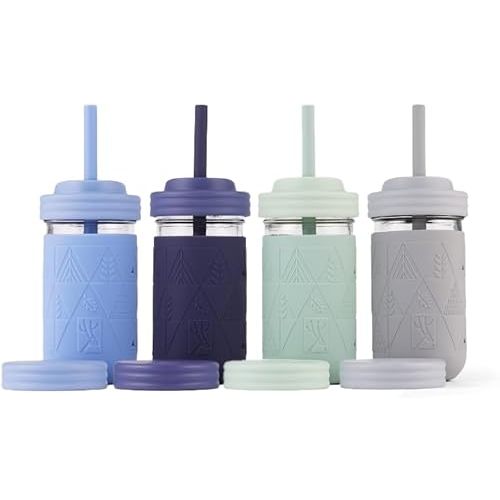 Elk and Friends Smoothie Cups For Kids & Toddler | The Original Glass Mason Jars 12 oz with Silicone Sleeves & Straws |Spill Proof|