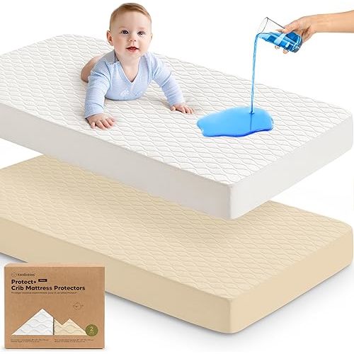 Waterproof Crib Mattress Protector Cover Fitted - 2-Pack Quiet Baby Mattress Topper Crib Sheets, 52" x 28" Soft Quilted Cotton Baby Sheet, Easy Fit, Durable Toddler Liner (Khaki)
