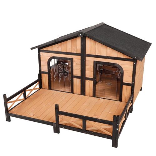 PawHut 59"x64"x39 Wooden Raised Large Outdoor Dog House Weatherproof Rustic Log Cabin Style Elevated Pet Shelter Nap Porch Deck Natural Wood Color | Aosom