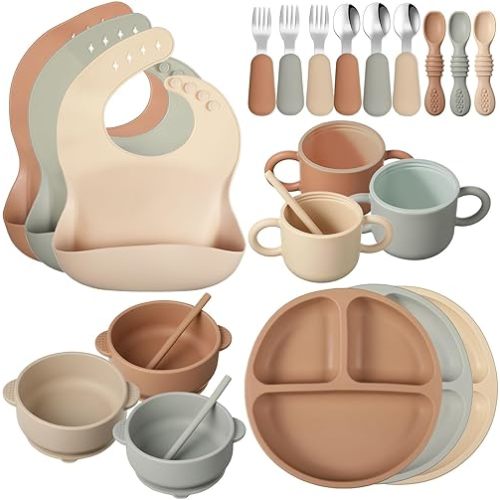 24 Pack Silicone Baby Feeding Set Baby Led Weaning Supplies Includes Suction Divided Plates Soft Bowl Spoons Forks Adjustable Bib Snack Cup and Straws for Baby Eating (Walnut Color, Beige, Smoky Gray)