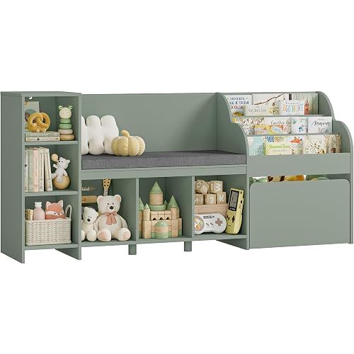 HOSTACK 67"W Kids Reading Nook with Bookshelf, Toy Storage Organizer, Green