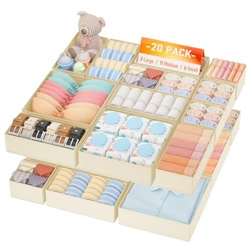 DIMJ Drawer Organizer Clothes, 20 Pack Dresser Organizer, Foldable Closet Organizers and Storage, Fabric Dresser Bins, Drawer Dividers for Nursery, Baby Clothes, Underwears, Sock (Beige)