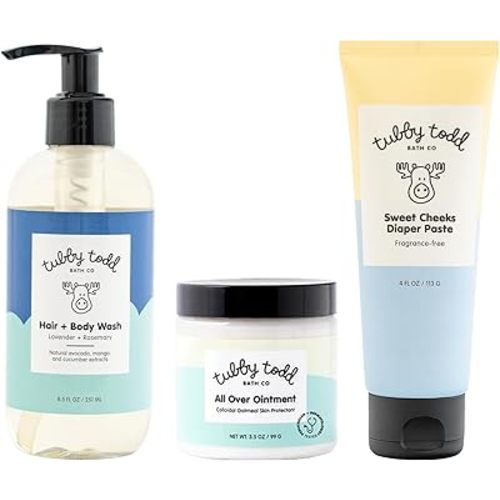 TUBBY TODD Baby Bundle Newborn Skin Care Set - Hypoallergenic Hair + Body Wash, All Over Ointment with Colloidal Oatmeal, Sweet Cheeks Diaper Paste - Lavender Rosemary, Standard Size