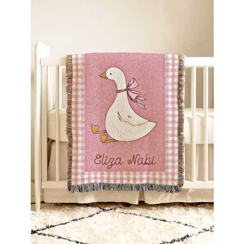 Goose Baby Blanket Girl with Name Gingham Pink Cotton Woven Fringe Blanket Farm Nursery Bedding Storybook Baby Blanket