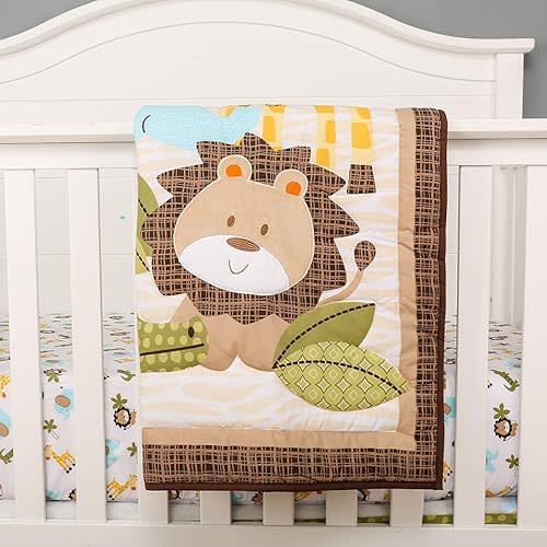 Brandream Baby Crib Bedding Set Jungle Safari Baby Boys Nursery Bedding Set - Elephant Lion Giraffe Animal Crib Comforter Set, Fitted Sheet, Crib Skirt, 3 Pieces Green/Yellow/Mint/Taupe