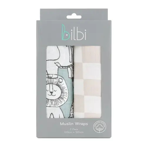 Bilbi 2 Pack Muslin Wraps Blue Safari | Baby Bunting AU