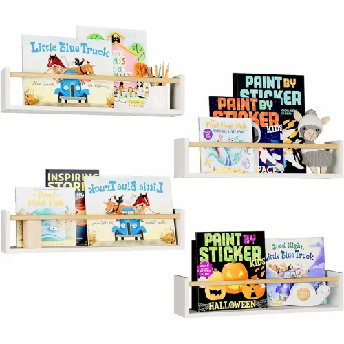 Fixwal Nursery Book Shelves, 16.5 Inch Floating Bookshelf for Kids Bedroom Decor & Playroom Decor, Set of 4, Solid Wood Wall Mounted Shelves for Books, Toys and Decor Storage (White and Natural Wood)