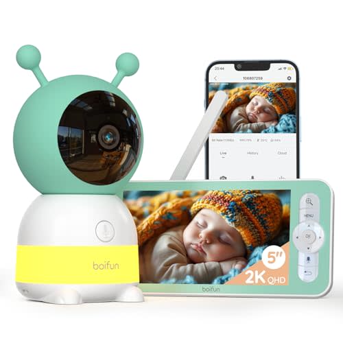 BOIFUN 2K WiFi Baby Monitor with Camera and Audio,Smartphone APP, Colorful Night Light, Smart AI Motion & Sound & Humidity & Temperature Detection, Auto Tracking,5-Inch Monitor Control, Night Vision